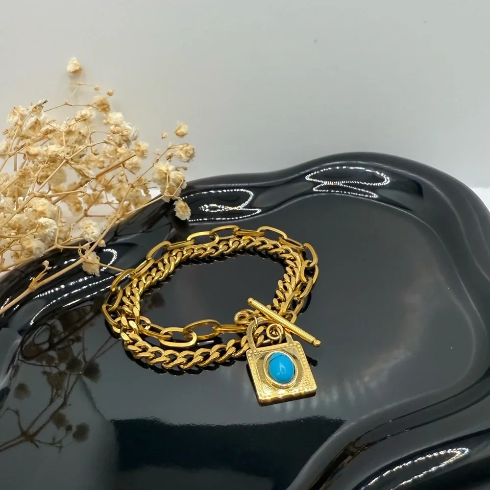 NEW 18K GOLD PLATED TURQUOISE CHARM CUBAN BRACELET – LUXE BOUTIQUE PIECE